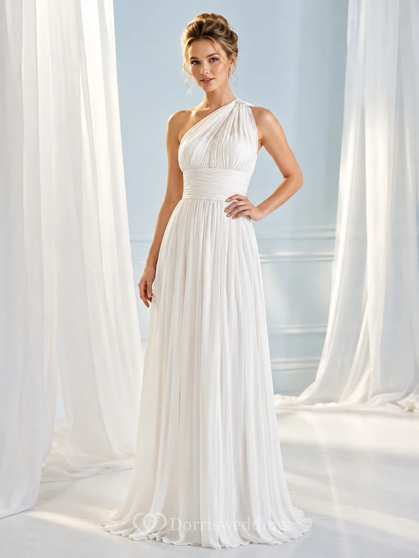 White Halter Pleated Floor Length A-Line Formal Evening Dress