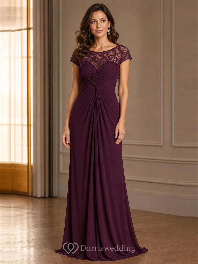 Robe longue à manches courtes froncée pour la mère de la mariée, avec encolure en dentelle illusion view 17