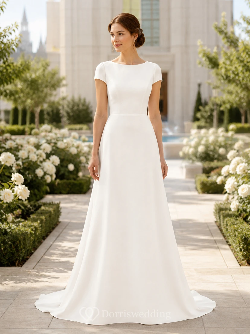 Vestido de novia de corte A modesto con mangas cortas estilo Temple Garden