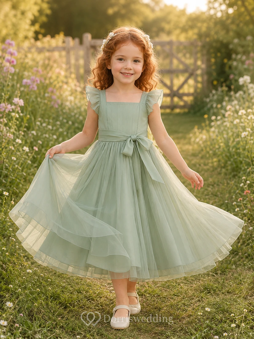 Flower Girl Dress Sage Tulle A-Line Jewel Neck Tea Length Bow Back