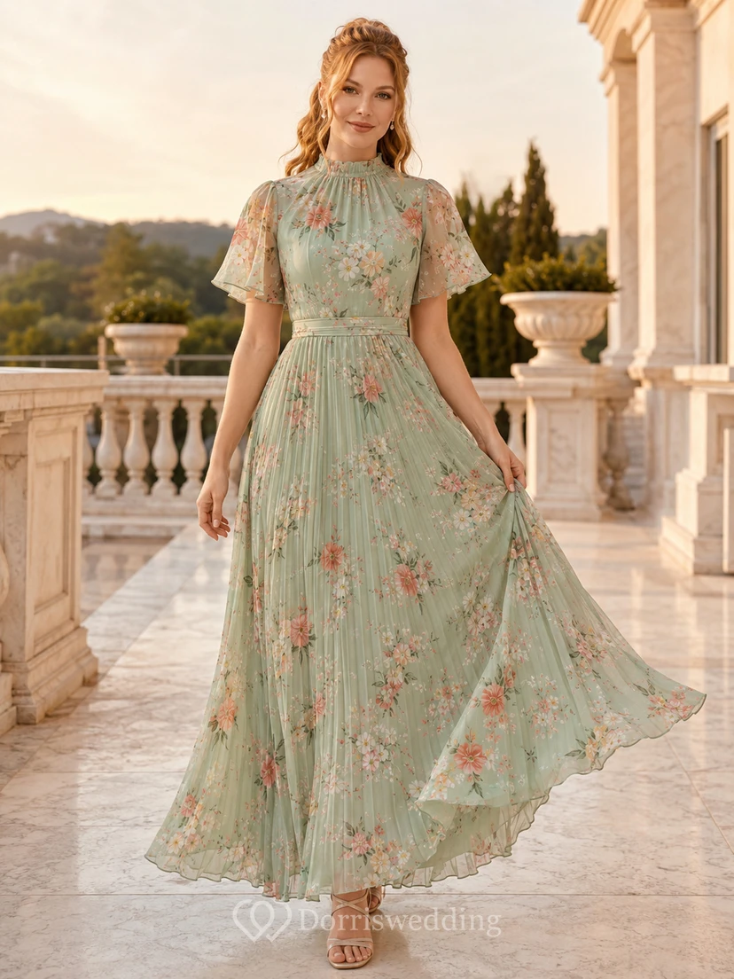 Robe longue trapèze en mousseline à col montant et manches courtes, imprimé floral sauge