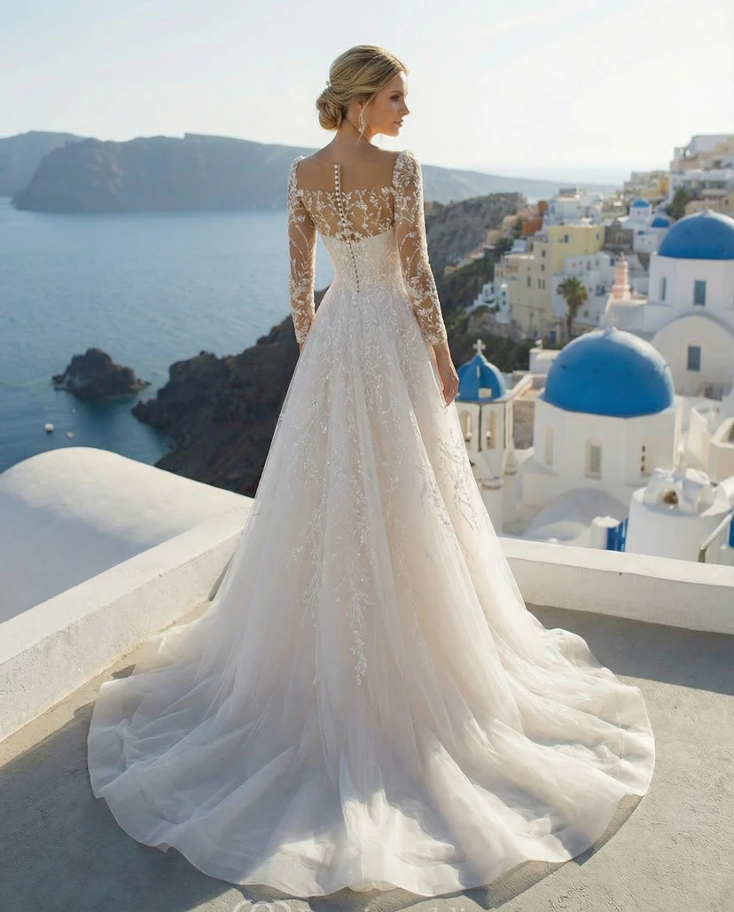 3/4 Sleeve Bateau Neck Elegant Wedding Gown view 2