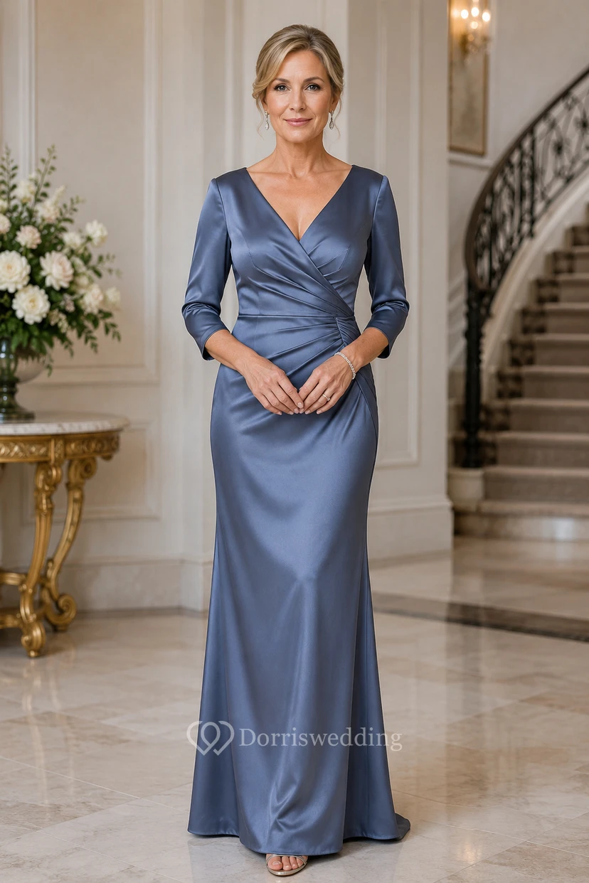 Steel Blue V-Neck Stretch Satin Mother Dress with Three Quarter Sleeves