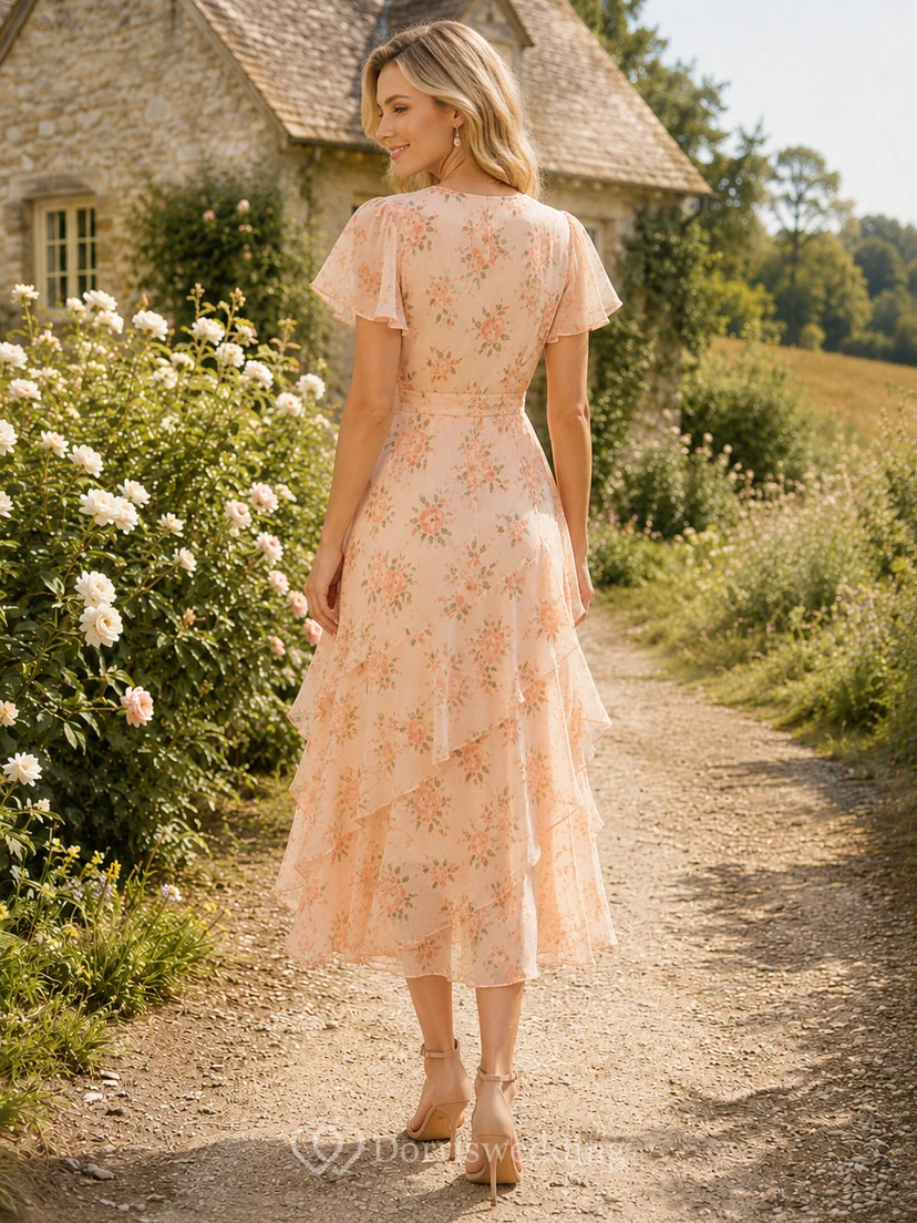 Peach Floral V Neck Flutter Sleeve High Low Guest Dress view 2