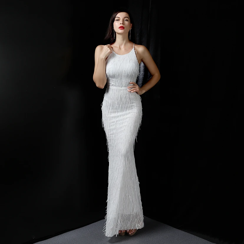 Vestido de noche elegante con borla de hilo de seda de poliéster y lentejuelas estilo cola de pez para banquetes, reuniones y eventos. Ideal para anfitriones. Modelo de coche. Otoño. view 3