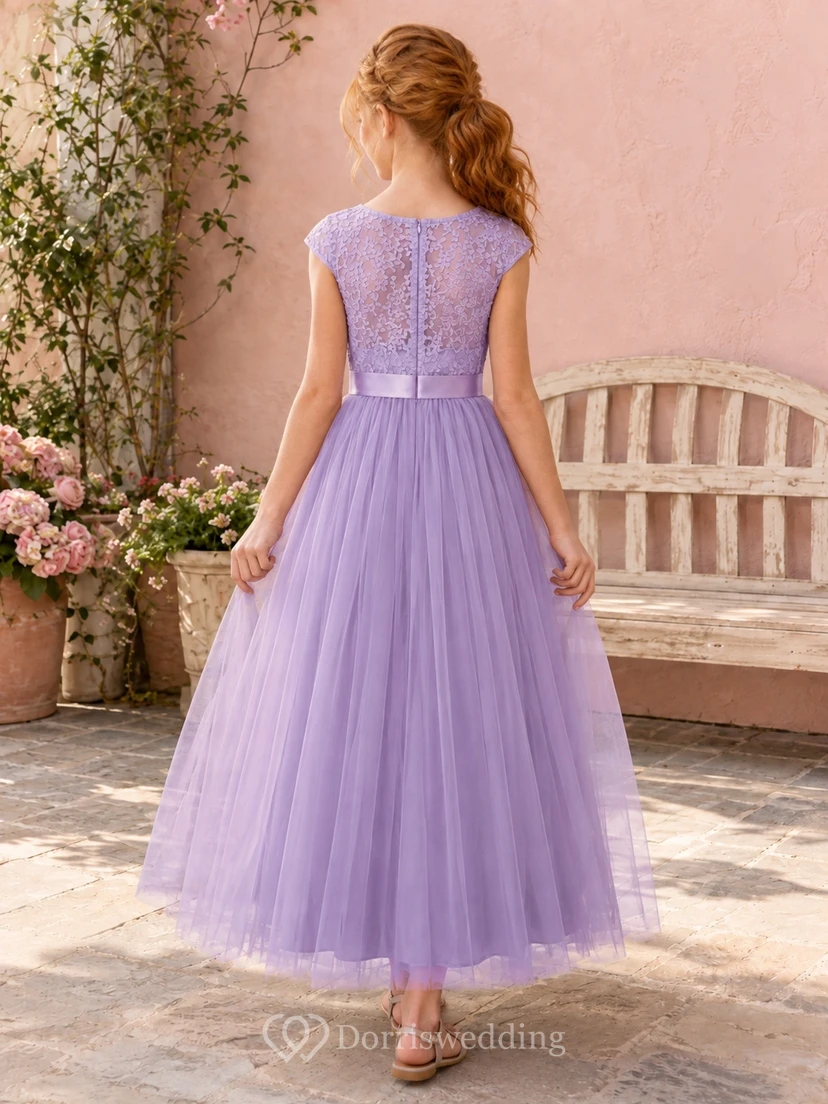 Lavendelfarbenes Brautjungfernkleid für junge Damen, A-Linie, eckiger Schnitt, kurze Flügelärmel, Spitze, Tüll, bezaubernd, romantisch view 2