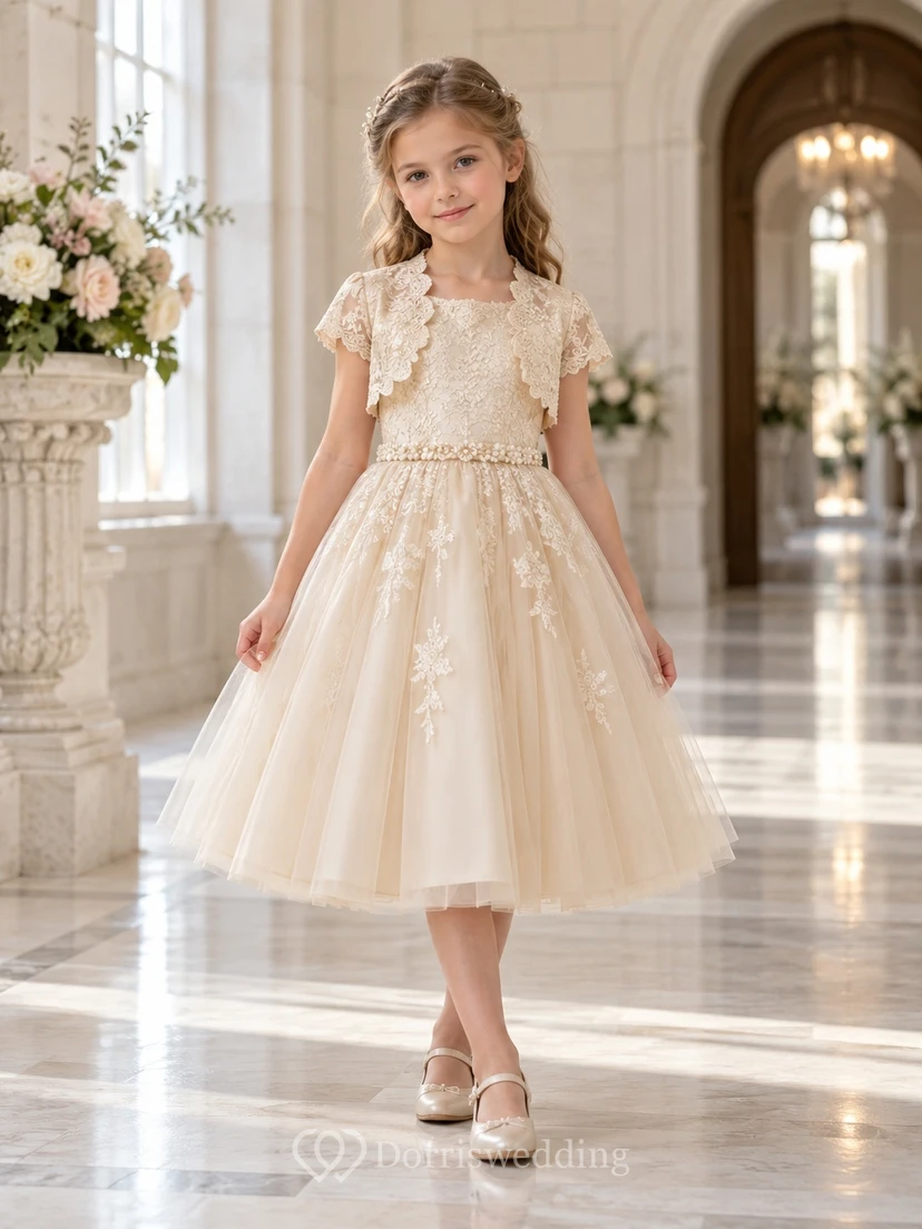 Tea-length Champagne Floral A-line Tulle Lace-bolero Short-sleeve Appliqued Flower Girl Dress
