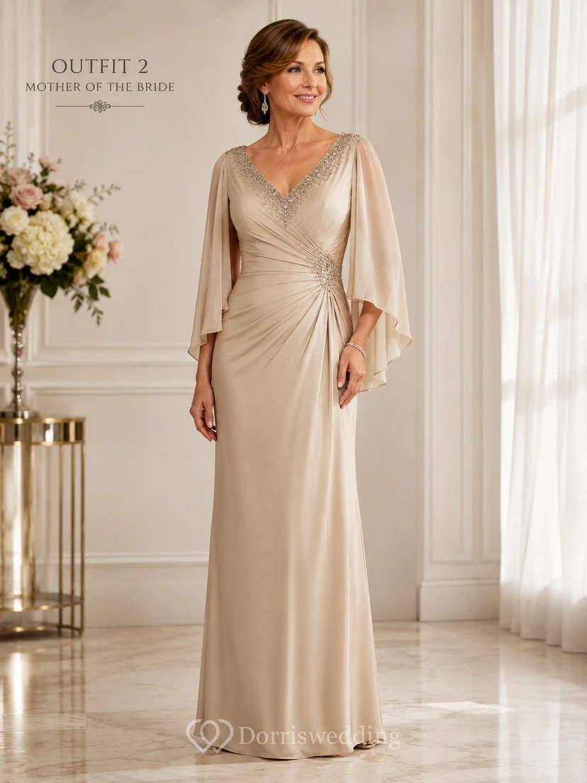 Etuikleid aus Chiffon mit V-Ausschnitt, Dreiviertelärmeln und Cape view 2