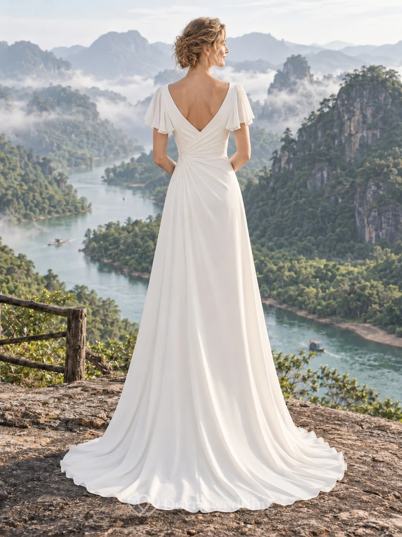 Vestido de novia sencillo de corte A con escote en V y mangas cortas con volantes view 2