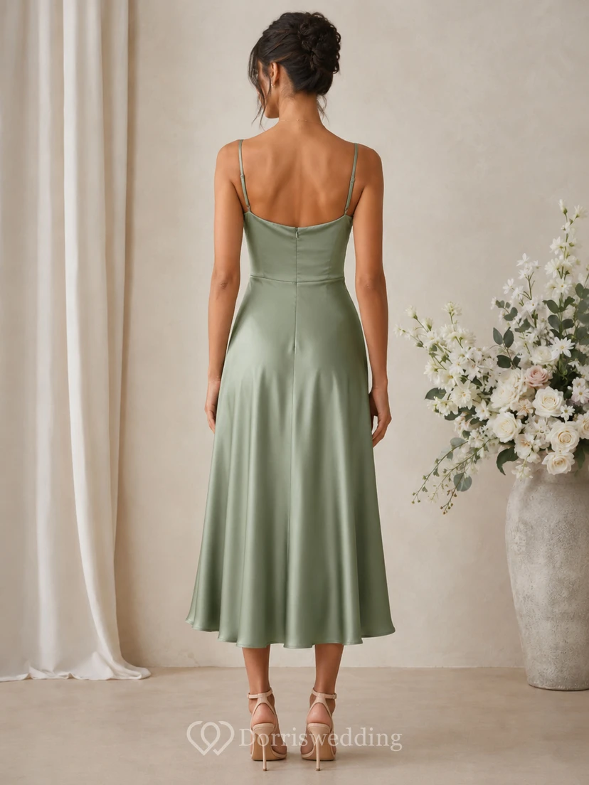 Sheath Tea-Length Cowl Satin Wedding Guest Dress with Pleats view 2