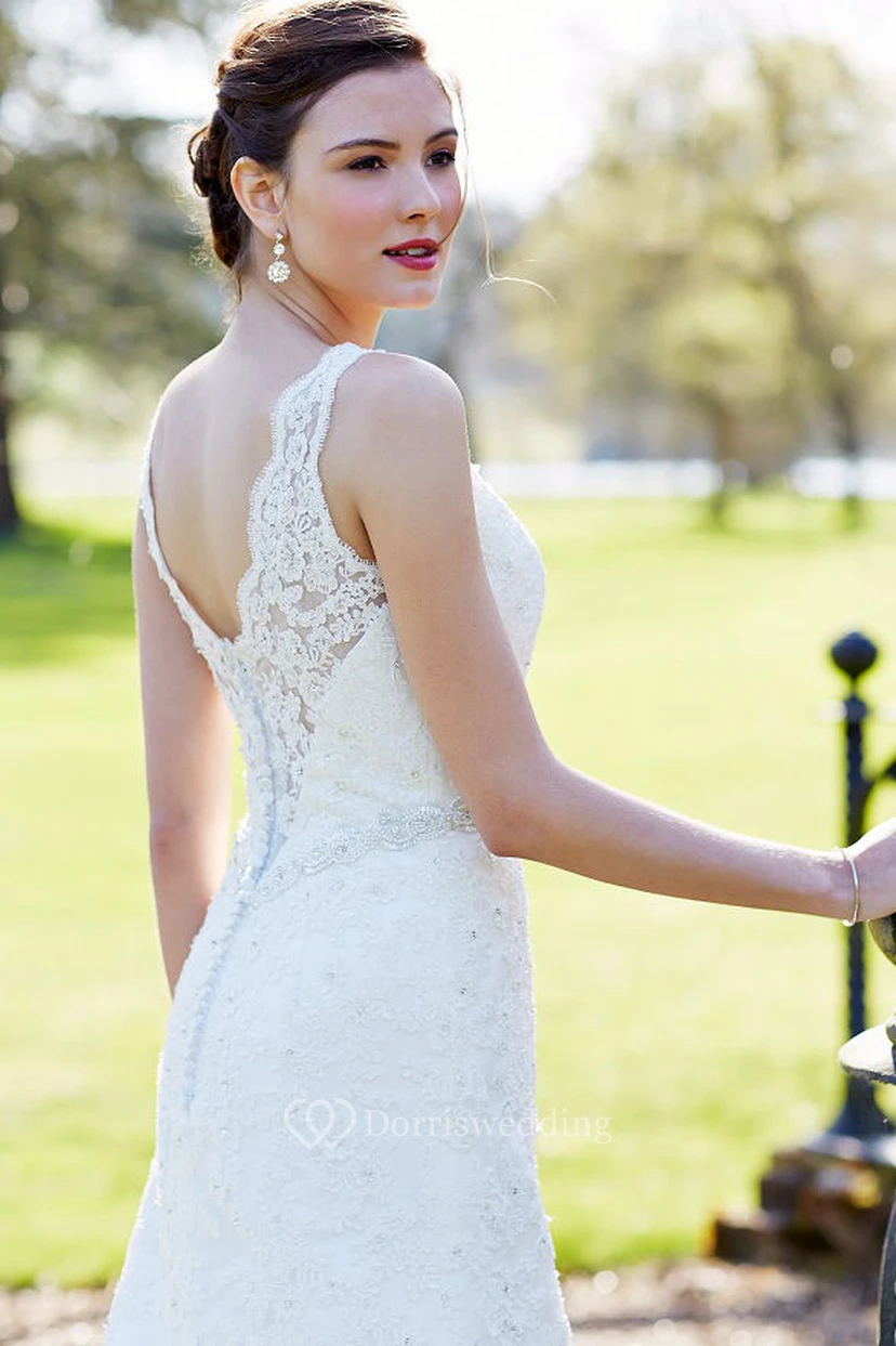 Sheath Floor-Length Sleeveless Appliqued V-Neck Lace Wedding Dress With Waist Jewellery view 3