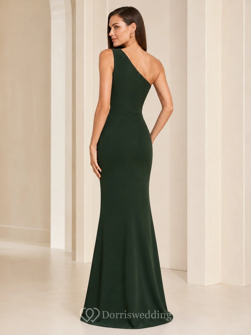 Dark Green One-Shoulder Sleeveless Satin Sheath Evening Dress view 2
