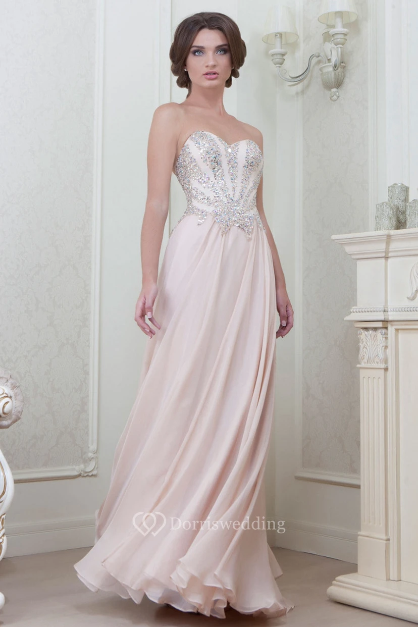 Sheath Sweetheart Beaded Floor-Length Sleeveless Chiffon Evening Dress With Pleats