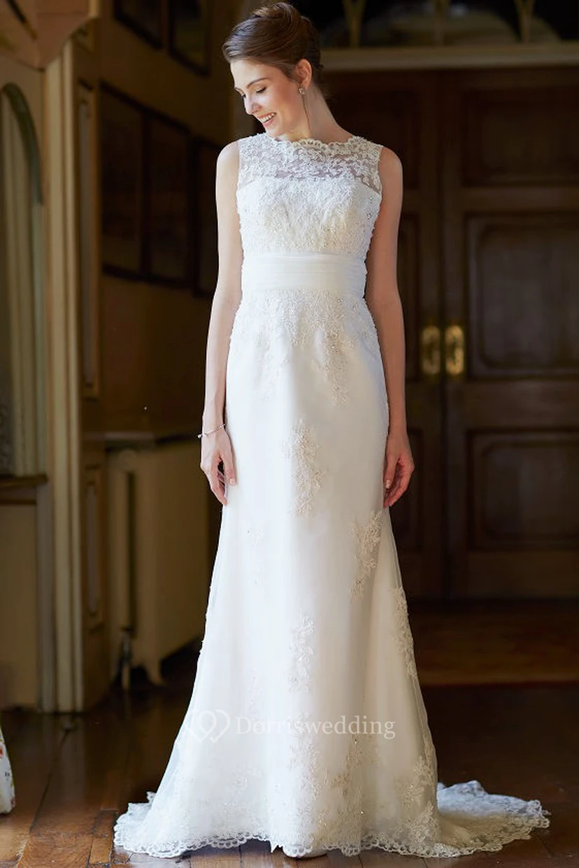 A-Line Bateau Appliqued Maxi Sleeveless Lace Wedding Dress With Low-V Back And Sweep Train view 3