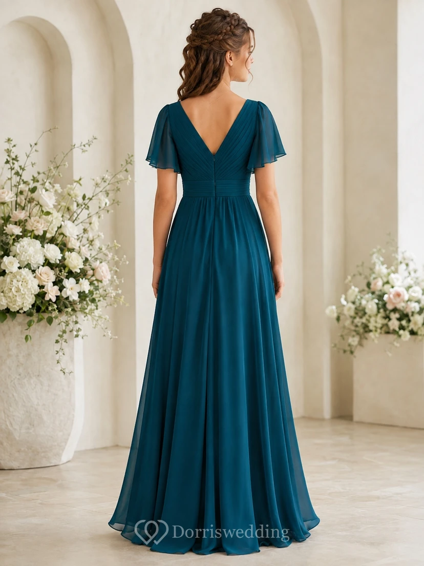Vestido de dama de honor juvenil Peacock, corte en A, escote en V, manga corta, elegante y formal. view 2