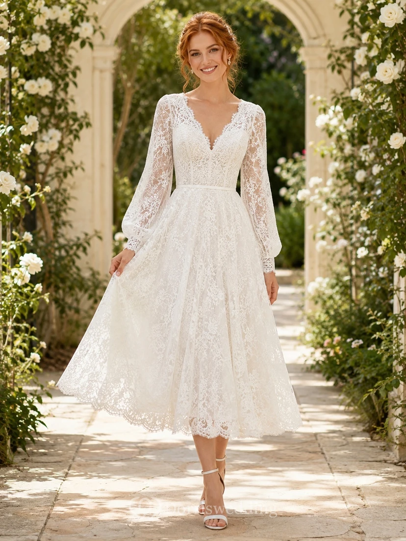 Weißes, langärmeliges A-Linien-Kleid mit V-Ausschnitt und Spitze in Teelänge – perfekt für Verlobungsgäste