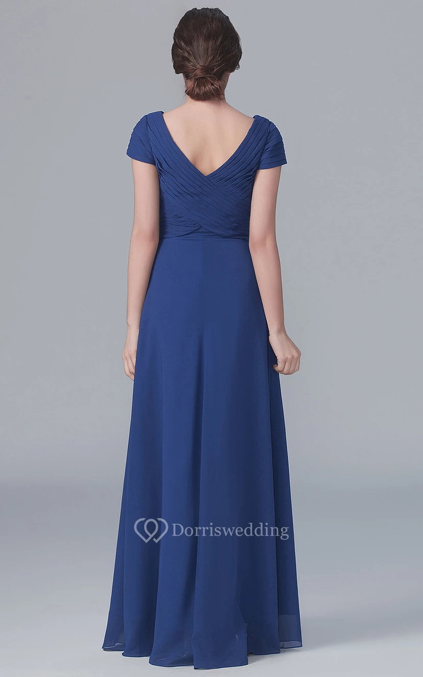 V-Neck Long A-Line Sleeves Dress With Pleatings view 2