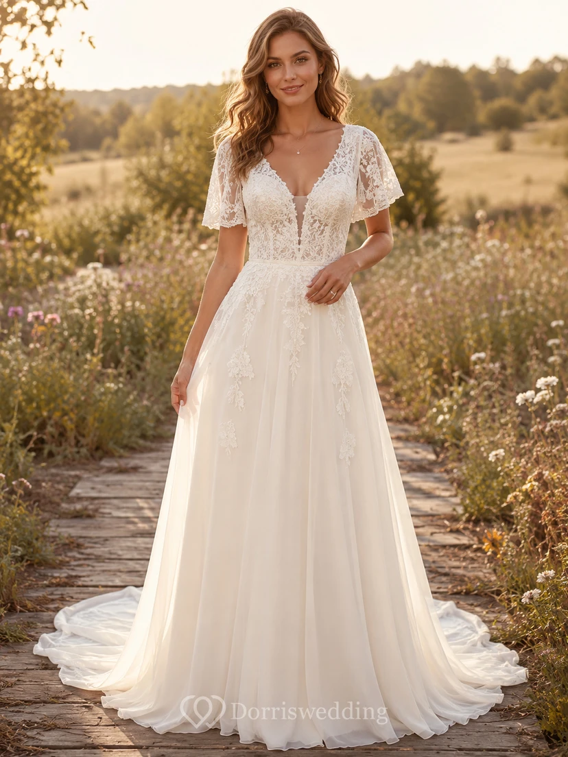Vestido de novia campestre de tul, corte en A, escote en V, mangas con volantes, cola larga y espalda baja en V.