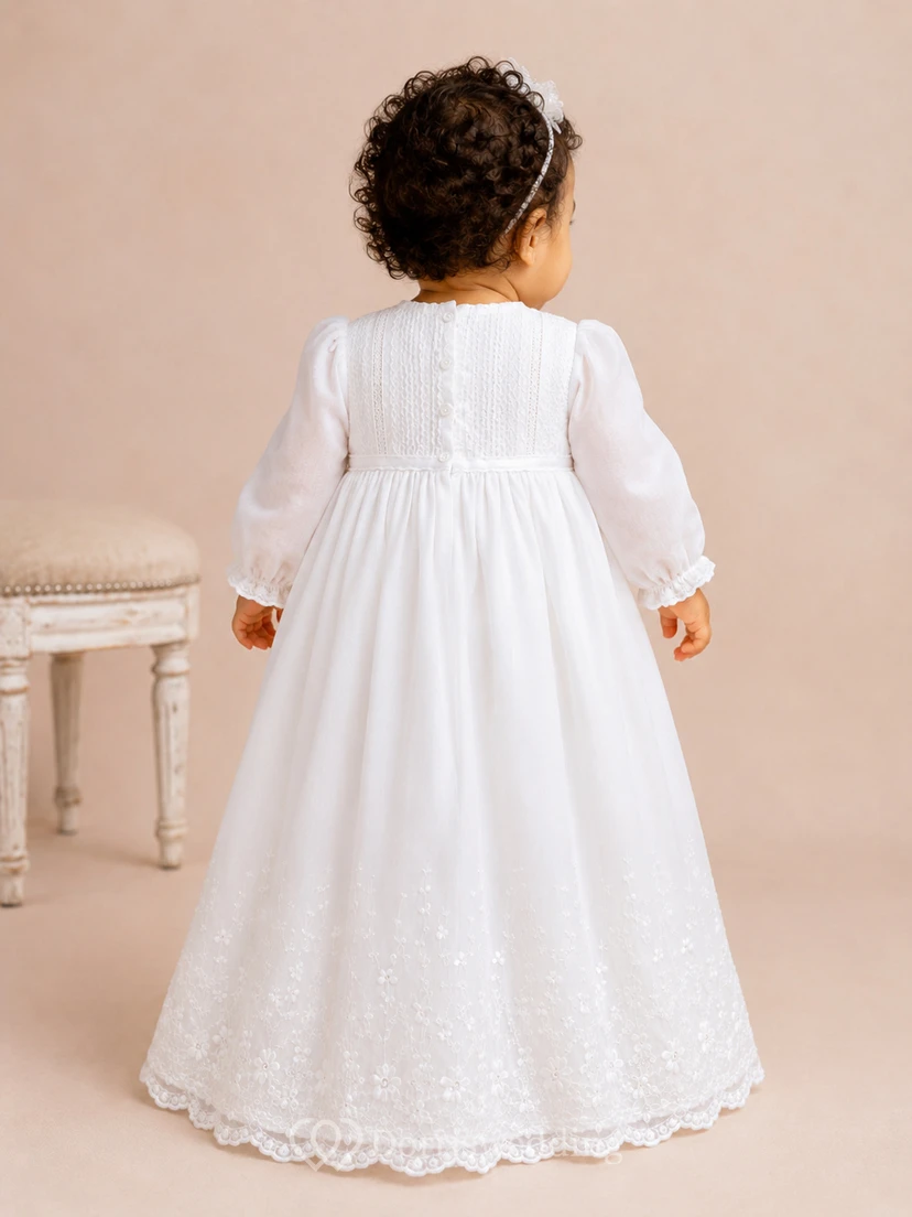 Long Sleeve Baby Christening A-Line Satin Lace Hem Gown Modest view 2