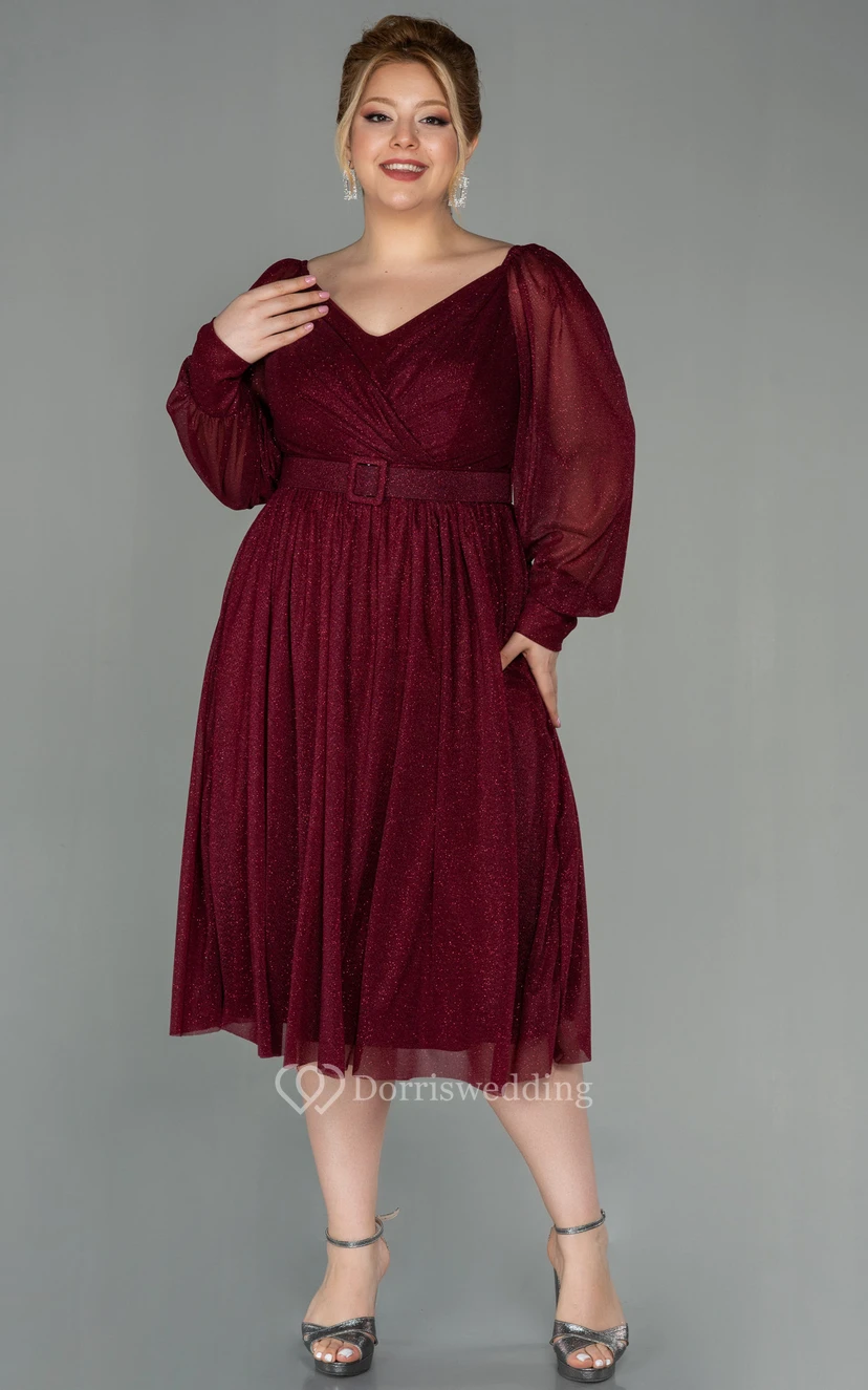 Vestido casual de manga larga, escote en V, corte imperio cruzado, largo hasta la rodilla, talla grande, para la madre de la novia view 3