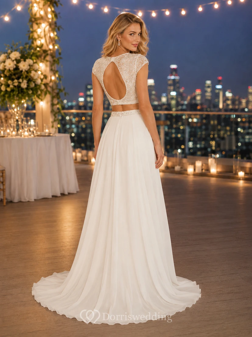 Beaded Keyhole Crop Top Chiffon Evening Reception Bridal Set view 2