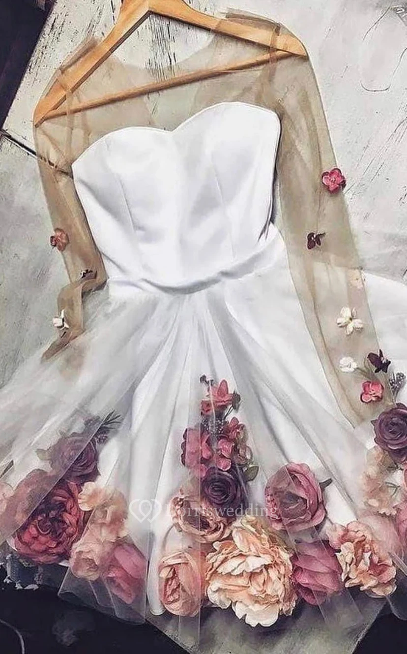 Cute Illusion Long Sleeve Short Homecoming Blush Prom Dress with Floral Decoration view 2