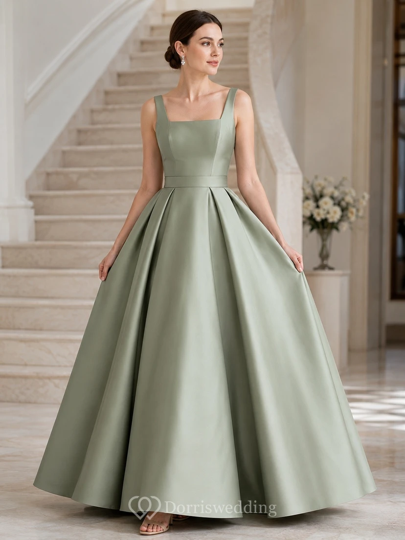 Vestido elegante de gala largo hasta el suelo, sin mangas, de corte en A, de satén color salvia y escote cuadrado.
