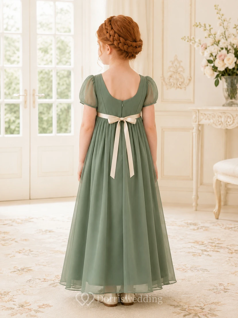 A-Line Regency Inspired Flower Girl Dress with Square Neckline, Puff Sleeves, Satin Waist, Full Tulle Skirt, Regency Garden Style view 2