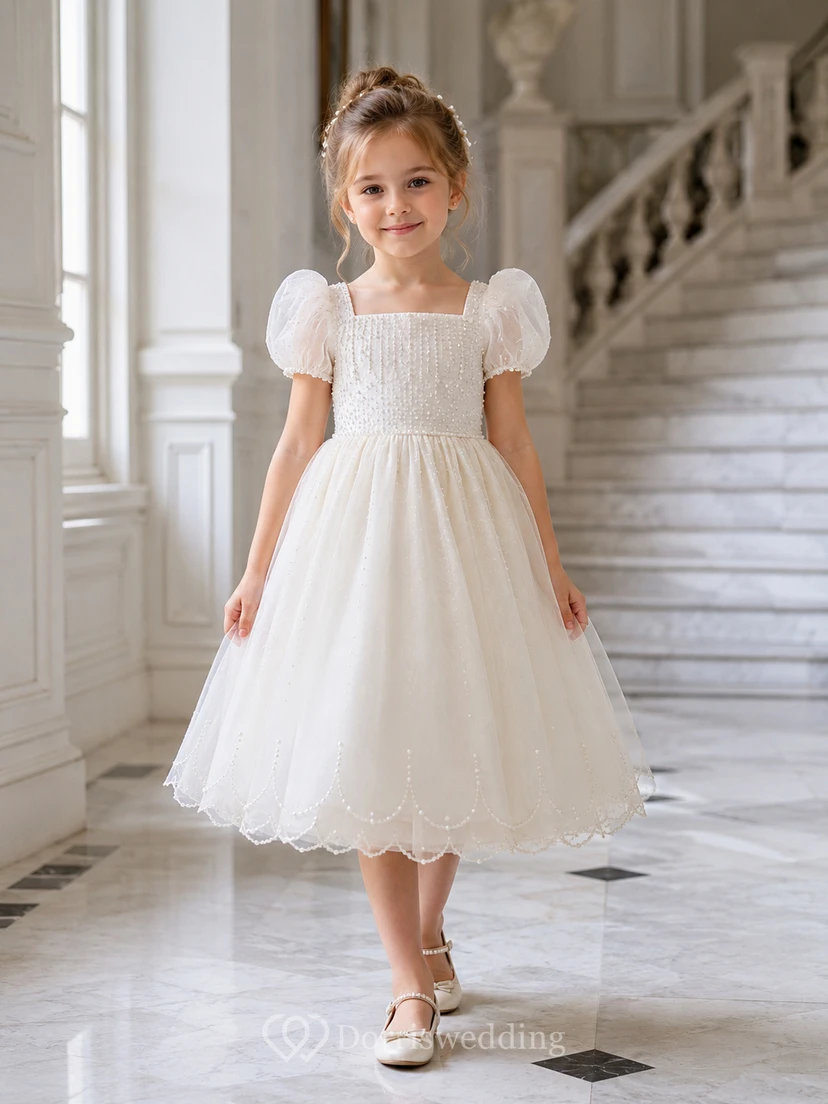 Bow Back Tulle A-Line Flower Girl Dress with Jewel Neck and Tea-Length Skirt