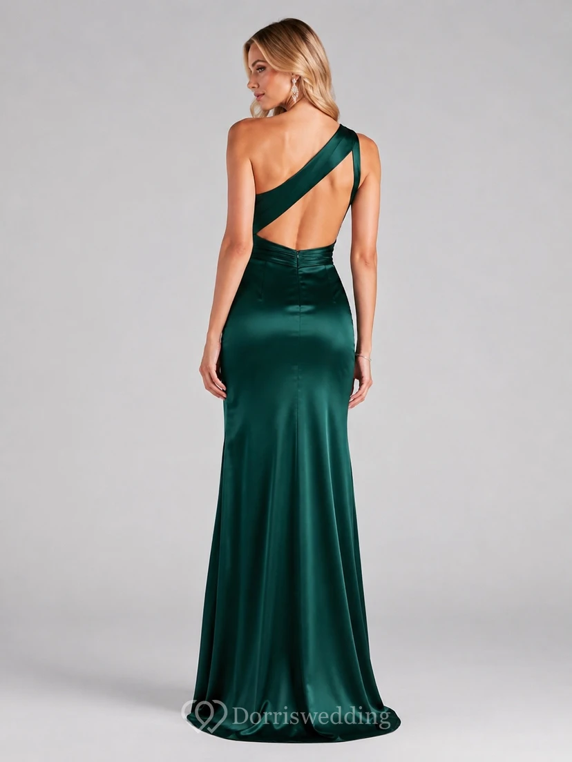 Dark Green One-Shoulder Crossback Slit Formal Prom Dress view 2