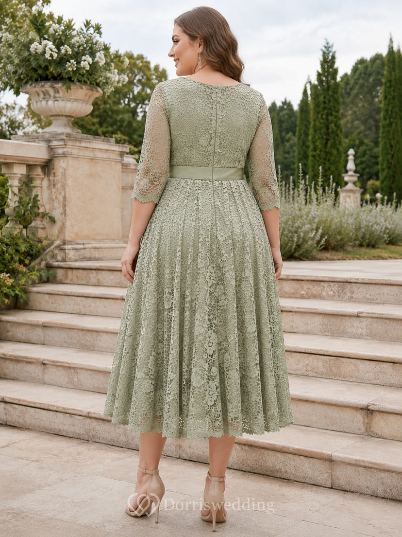 Sage Plus-Size Romantic Square Three-Quarter-Sleeve Lace A-Line Tea-Length Dress view 2