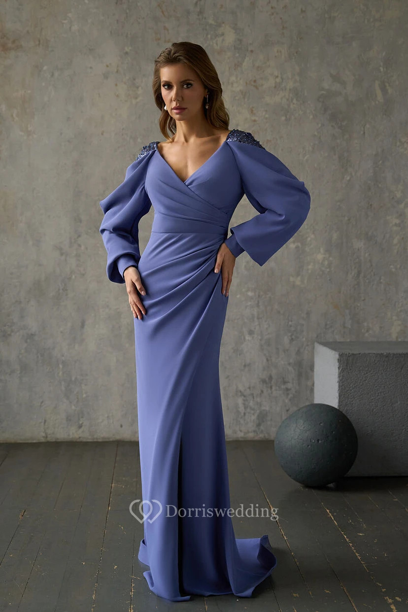 Blue V-neck Sexy Long Sleeve Chiffon Dropped Sequin Dress