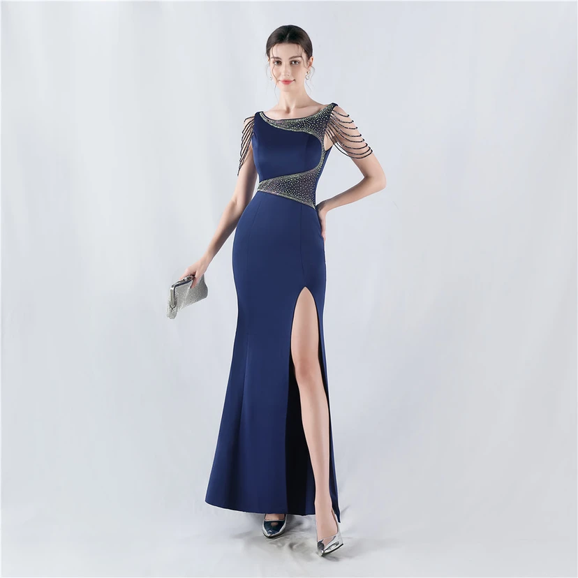 Heavy Hot Diamonds For Transparent Mesh High-Slit Satin Evening Dress Annual Meeting Wedding view 25