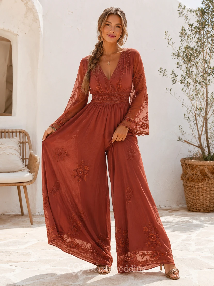 Mono Terracotta Verse Papaya, largo hasta el suelo, escote en V, manga larga, encaje, estilo bohemio, formal