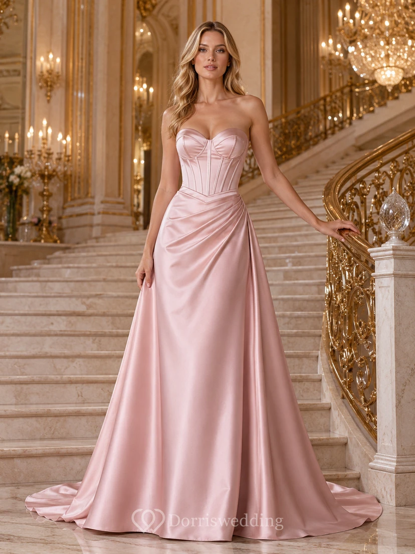 Dusty Pink Strapless Corset Satin A-Line Ballroom Bridal Gown