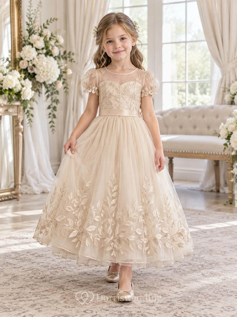 Champagne Floral A-line Tulle Puff-sleeve Ankle-length Illusion-Neck Bordered Flower Girl Dress