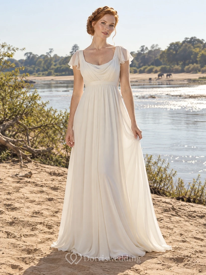 Vestido de novia sencillo de gasa con escote redondo, manga corta y corte en A con cintura fruncida.
