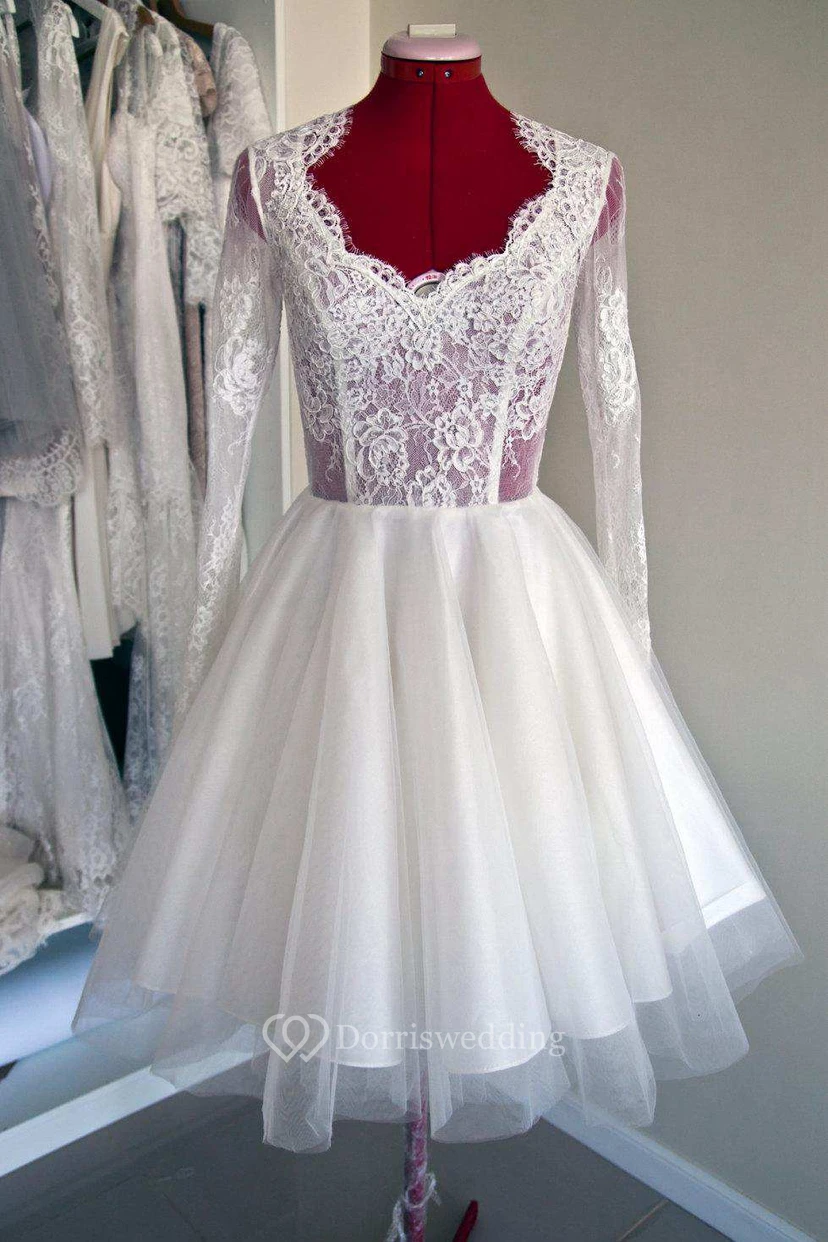 Ball Gown Short Mini Illusion Sleeve Tulle Satin Taffeta Lace Wedding Dress view 4