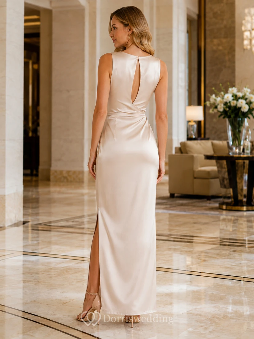 Light Neutral Keyhole Back Satin Slit Gown view 2