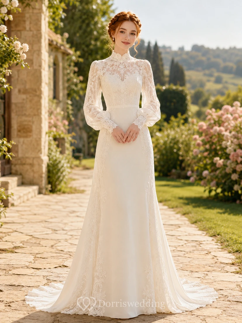 Brautkleid aus Spitze im Meerjungfrauenstil mit V-Ausschnitt, langen Ärmeln und Kapellenschleppe