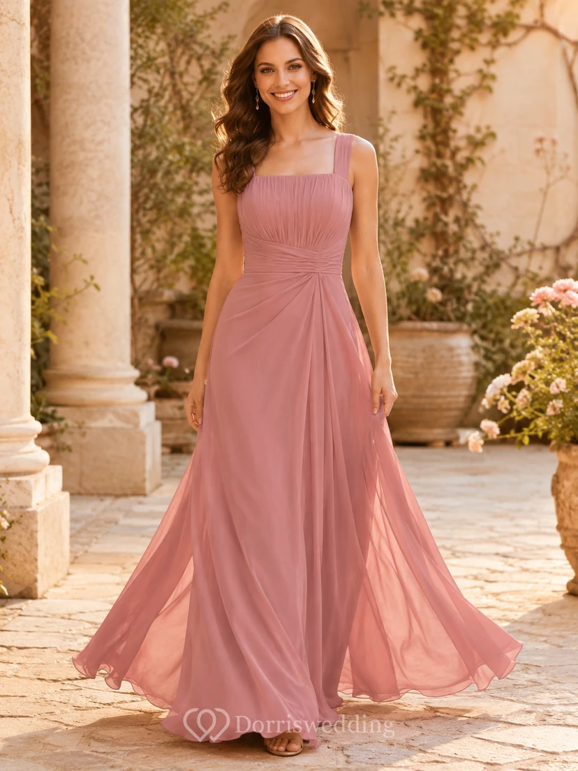 Dusty Rose Square Neck Chiffon A Line Formal Dress