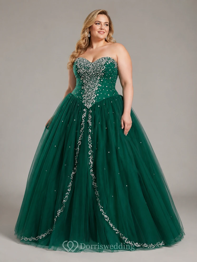 Ball Gown Long Sweetheart Sleeveless Bell Beading Appliques Lace-Up Back Tulle Lace Dress view 3