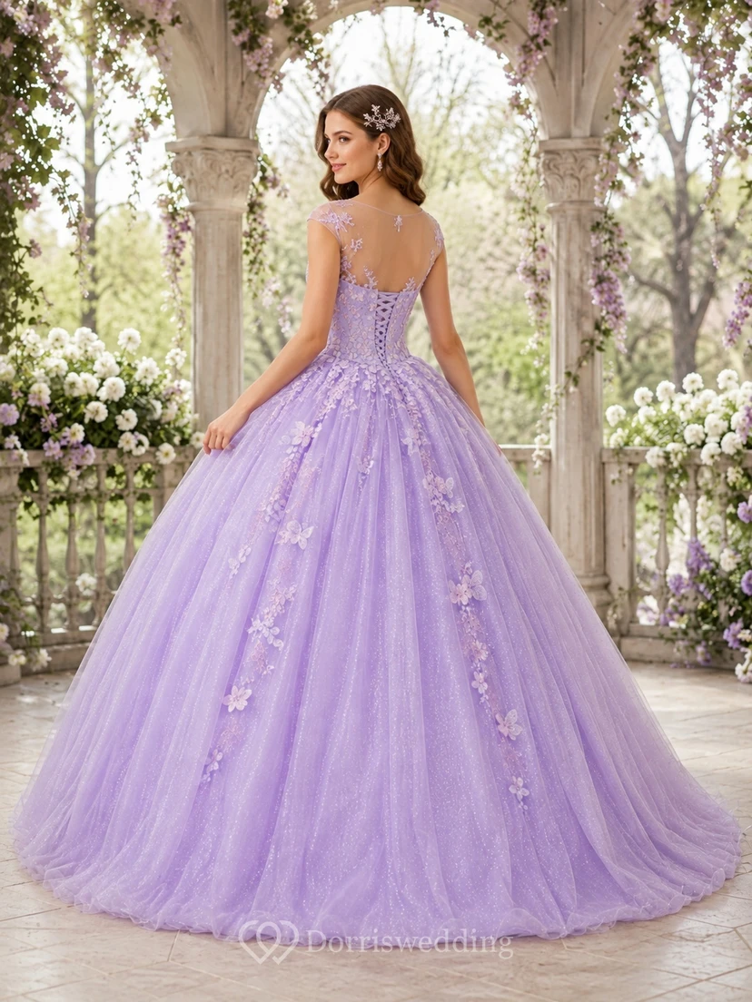 Lavendelfarbenes Tüll-Ballkleid mit herzförmigem Ausschnitt, Spaghettiträgern und floraler Stickerei, bodenlang, Quinceañera-Kleid view 2