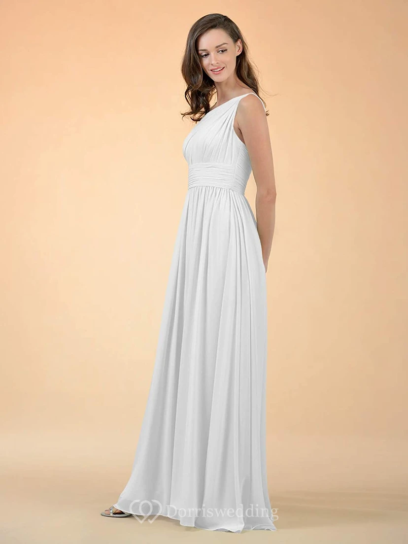 Simple One-shoulder A Line Sleeveless Floor-length Chiffon Bridesmaid Dress With Ruching view 9