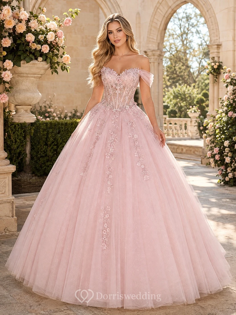 Pink Off Shoulder Tulle Princess Ball Gown Quinceanera Dress