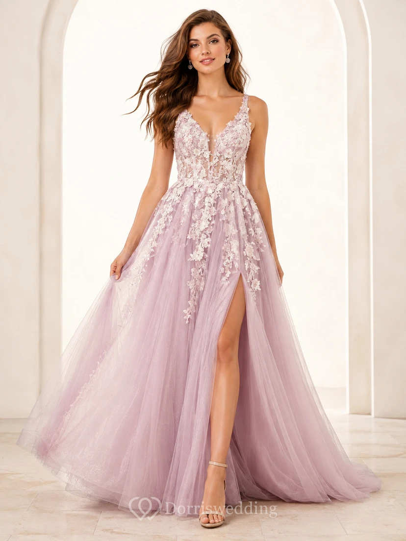 Blush V Neck Applique Tulle High Slit Prom Dress