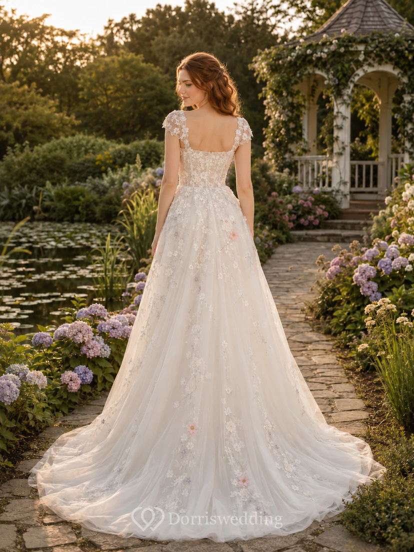 Brautkleid in A-Linie mit kurzen Ärmeln und floralen Applikationen view 2
