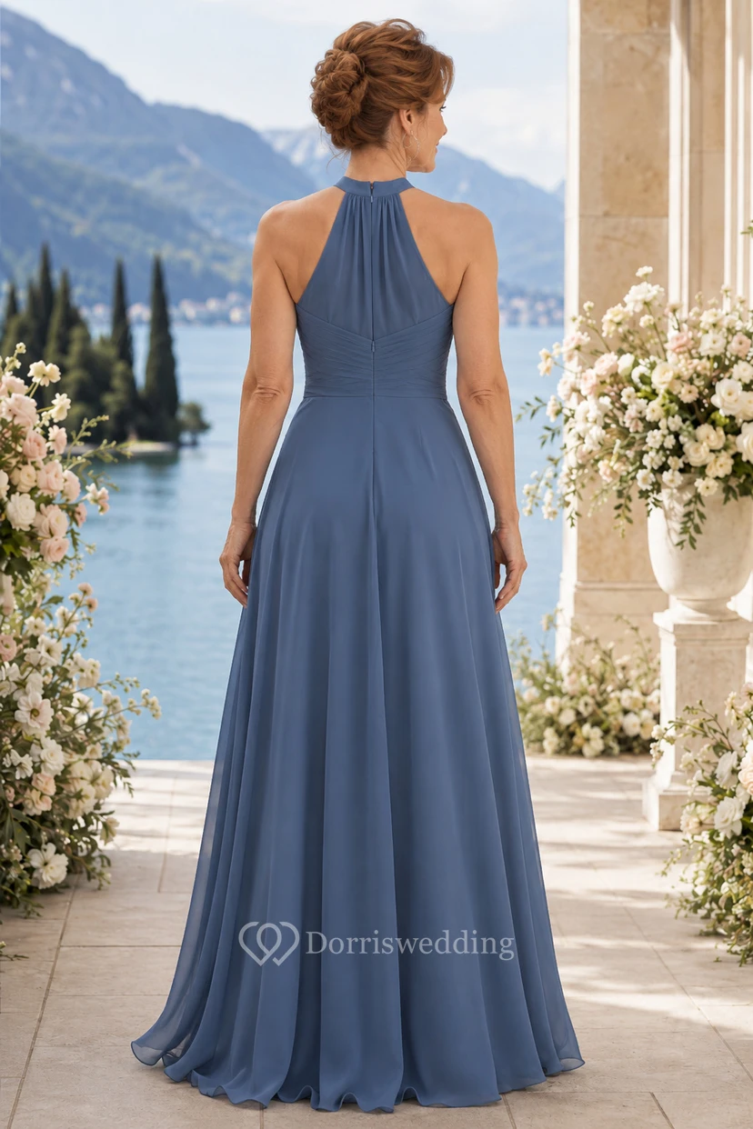 Schieferblaues Chiffon-Kleid in A-Linie mit Neckholder und Rüschenrock view 2