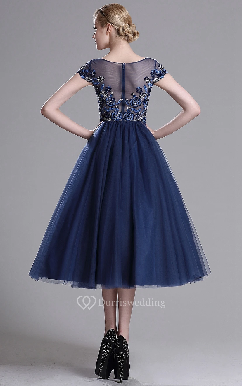 A-Line Tea-Length Bateau Short Sleeve Tulle Beading Appliques Illusion Dress view 2