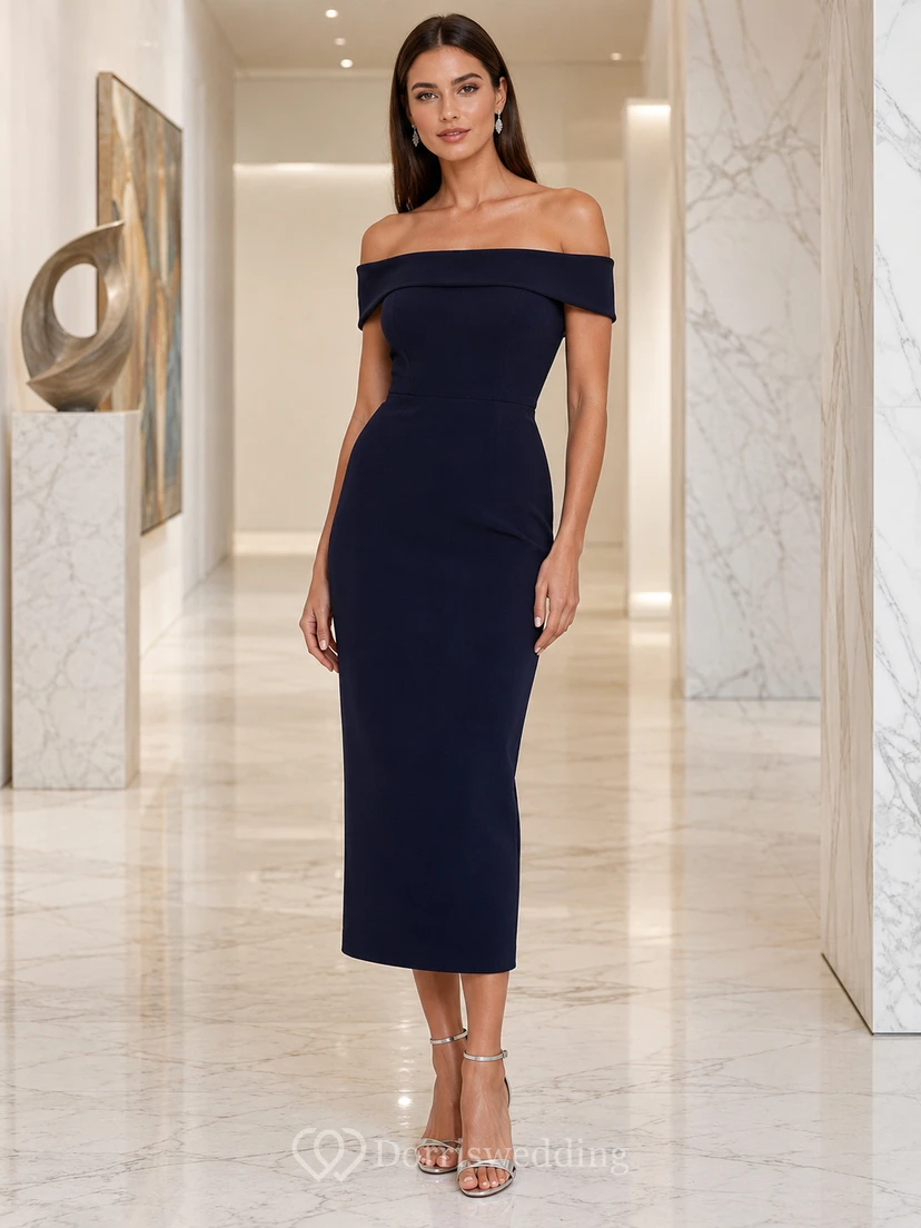 Dark Navy Upscale City Wedding Guest Cocktail Formal Dress Pencil Knee-Length Off-Shoulder Sleeveless Jersey Zipper Back